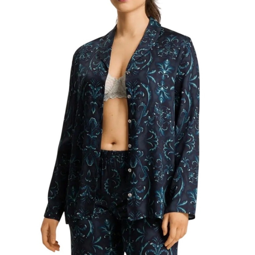 Hanro Marlene Navy Teal Damask Viscose Long Sleeve Pajama Shirt Women Small